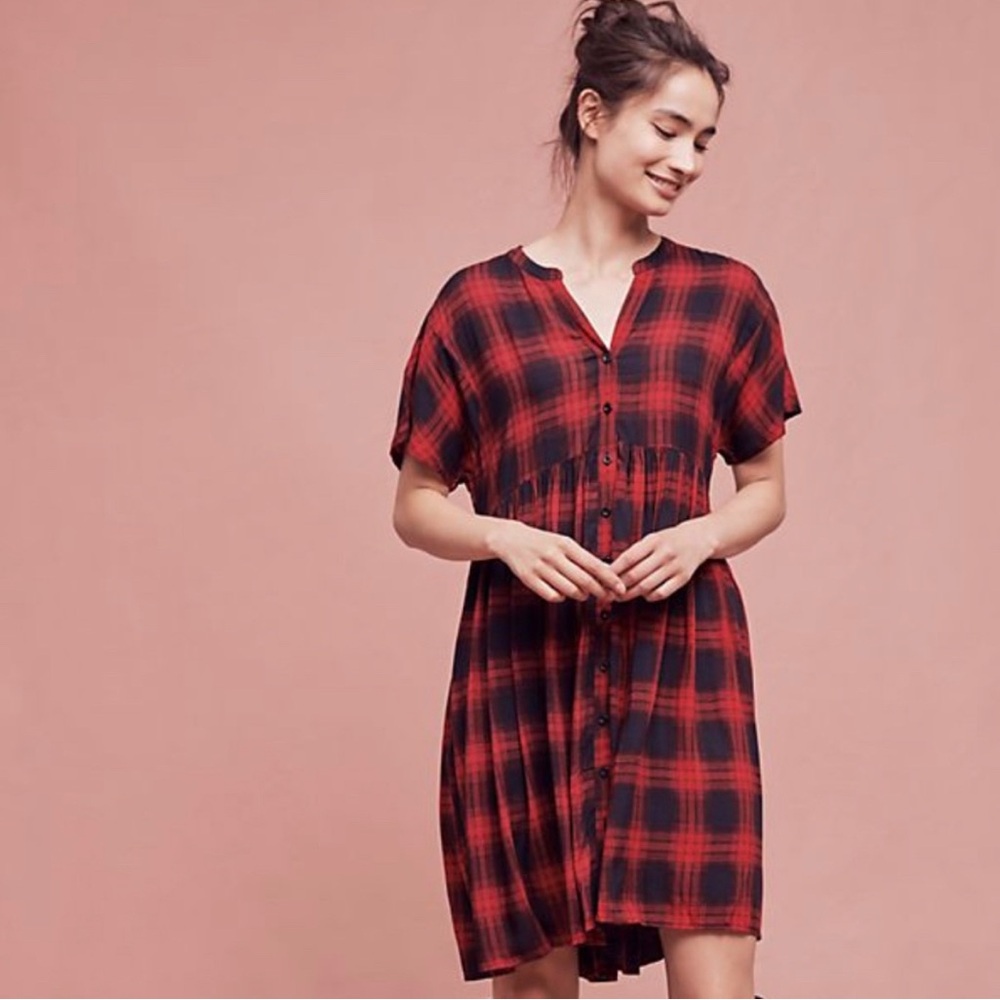 Anthropologie Red and dark navy plaid Button-Up tunic Dress size xs